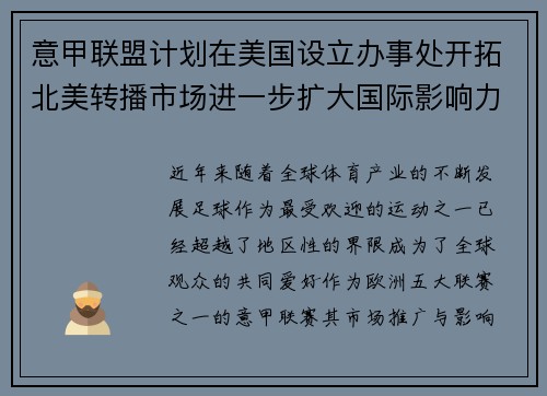 意甲联盟计划在美国设立办事处开拓北美转播市场进一步扩大国际影响力